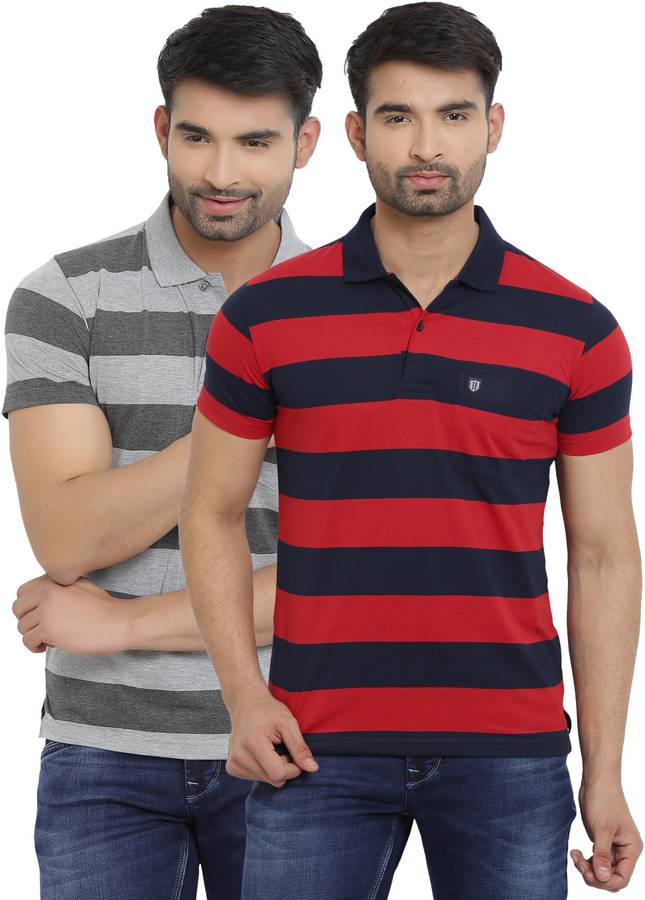 Striped Men Polo Neck Dark Blue, Red, Grey T-Shirt