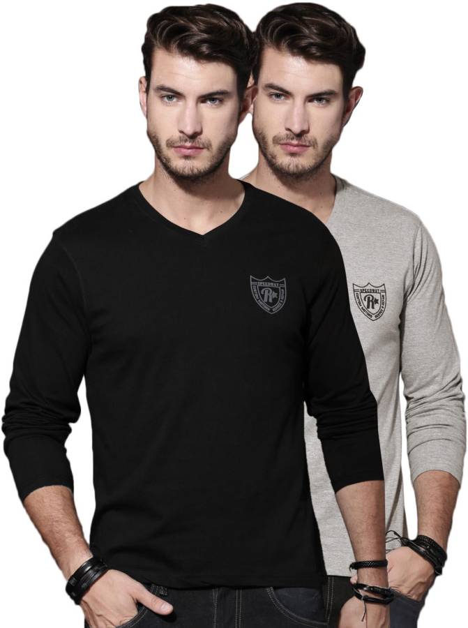 Solid Men V-Neck Black, Grey T-Shirt