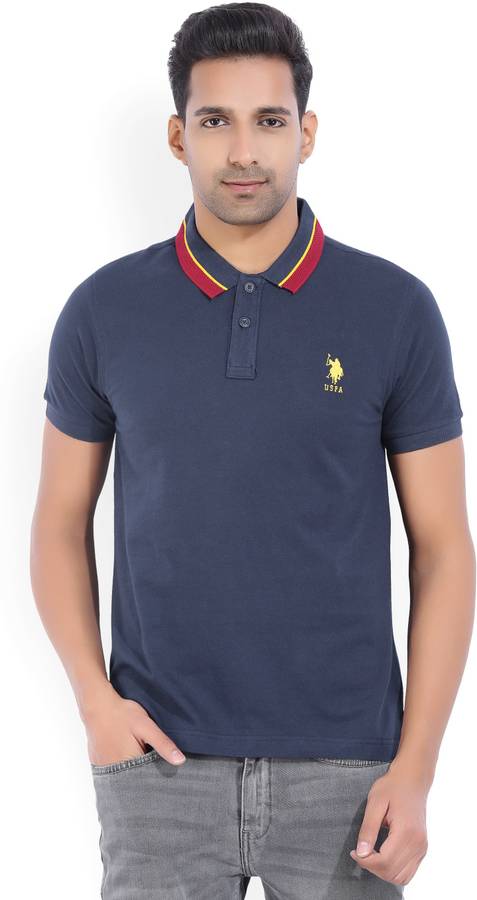 Woven Men Polo Neck Dark Blue T-Shirt