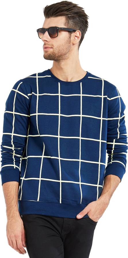 Checkered Men Round Neck Dark Blue T-Shirt