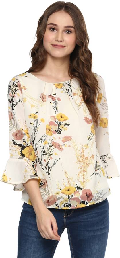 Casual Regular Sleeves Floral Print Women White Top Price in India
