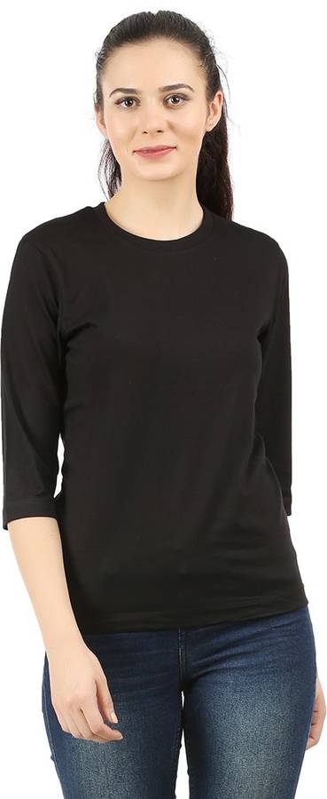 Solid Women Round Neck Black T-Shirt
