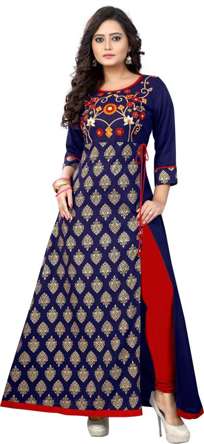Women Printed, Embroidered Rayon Frontslit Kurta Price in India