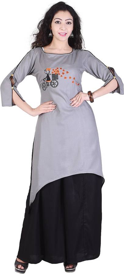 Women Embroidered Cotton Rayon Blend High Low Kurta