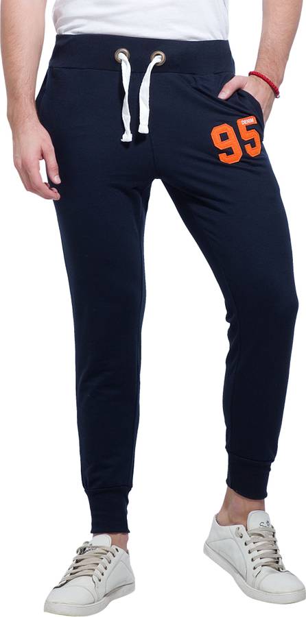 Applique, Solid Men Dark Blue Track Pants