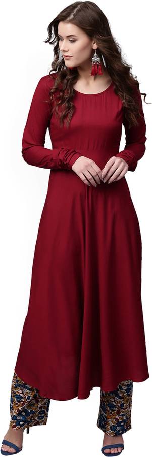 Women Solid Cotton Rayon Blend Flared Kurta