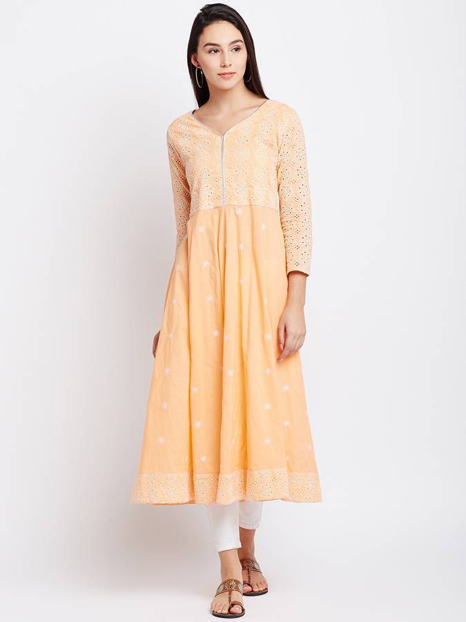 Women Chikan Embroidery Cotton Blend Flared Kurta