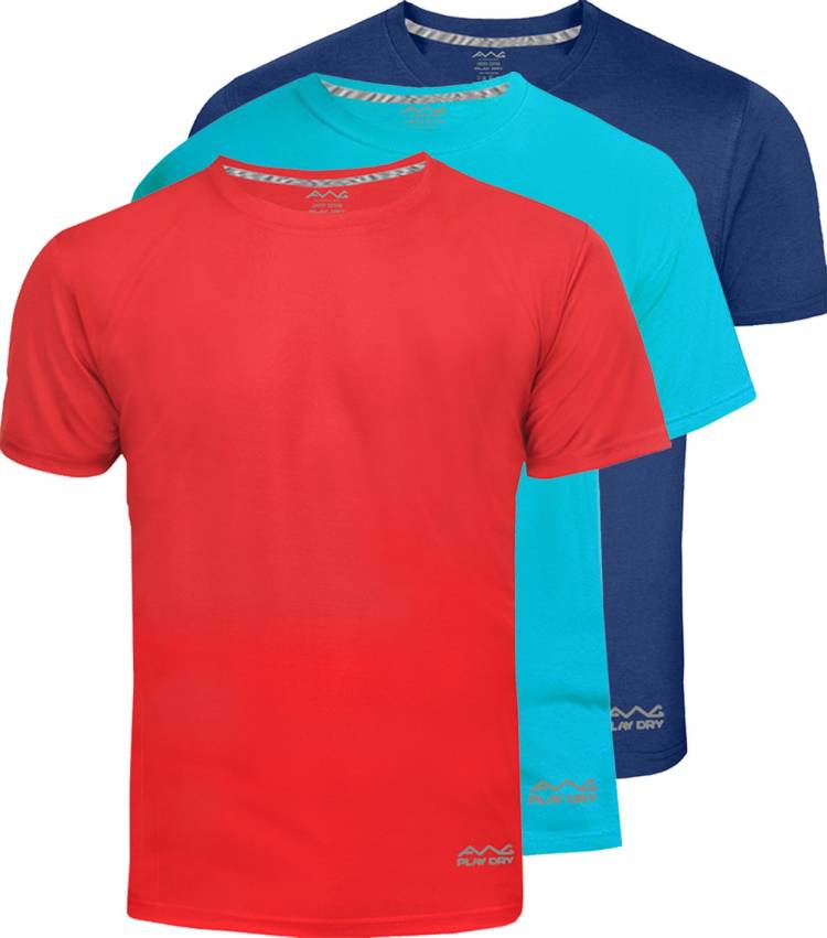 Pack of 3 AWG Men's Dryfit Polyester Round Neck Half Sleeve T-shirts - Pack of 3 Solid Men Round Neck Multicolor T-Shirt Price in India