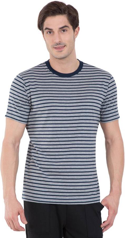 Striped Men Round or Crew Blue, Grey T-Shirt