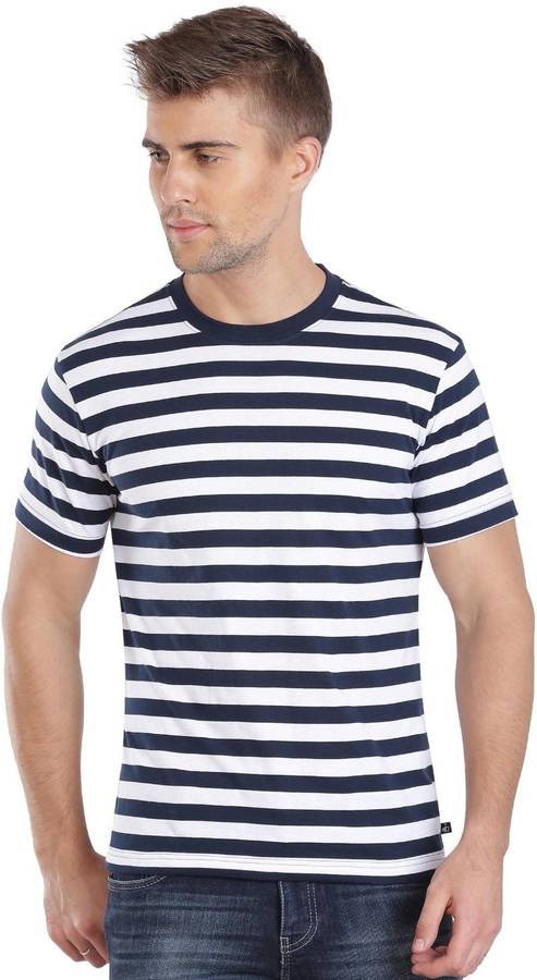 Striped Men Round or Crew Blue T-Shirt