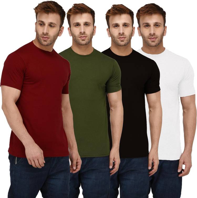 Solid Men Round Neck Dark Green, White, Maroon, Black T-Shirt