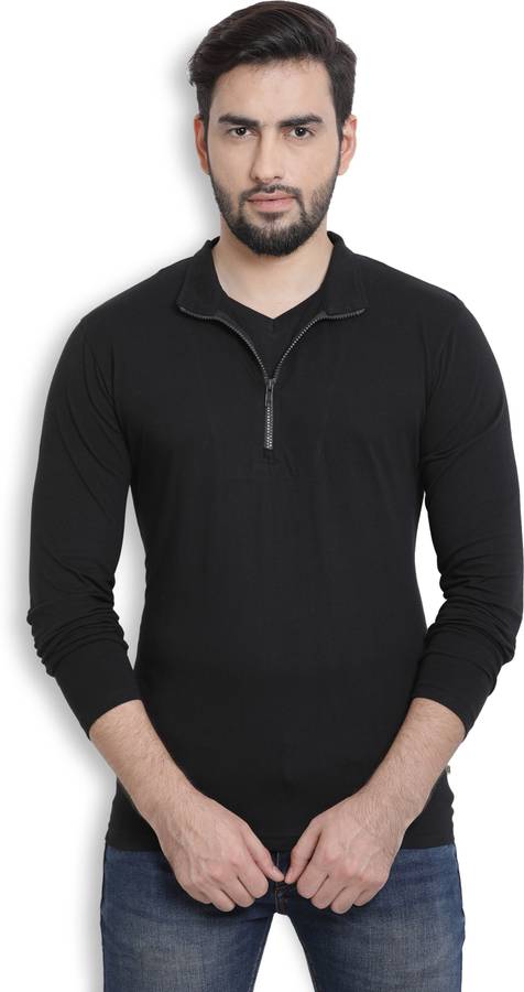 PerfectFit Solid Men Mock Neck Black T-Shirt