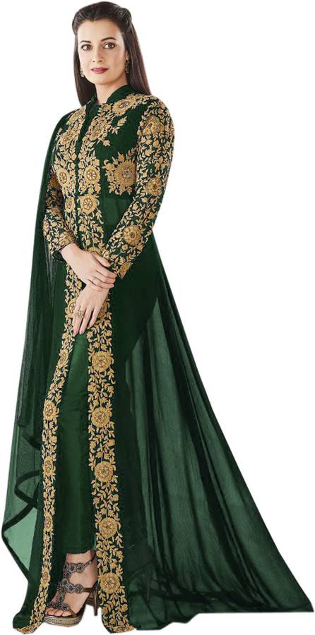 Pure Silk Embroidered Kurta with Jacket & Bottom Material