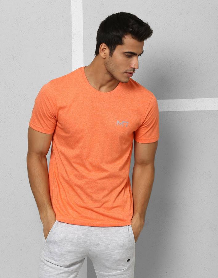 Athleisure Solid Men Round or Crew Orange T-Shirt