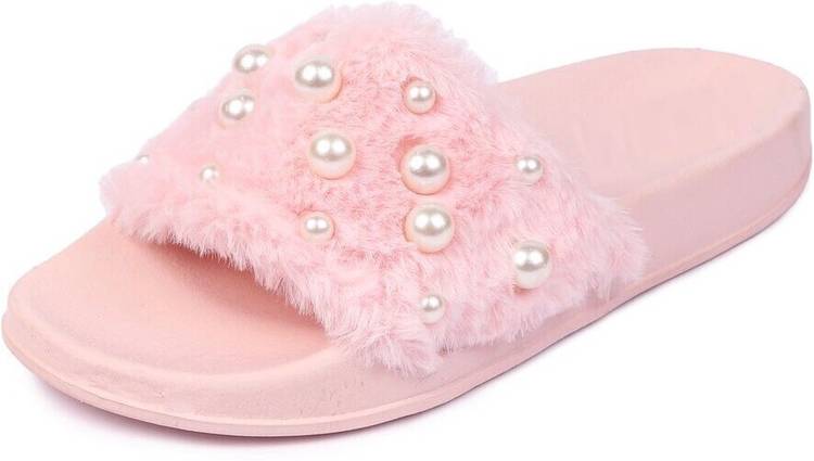 Pink Fur Pearl Sliders Slides