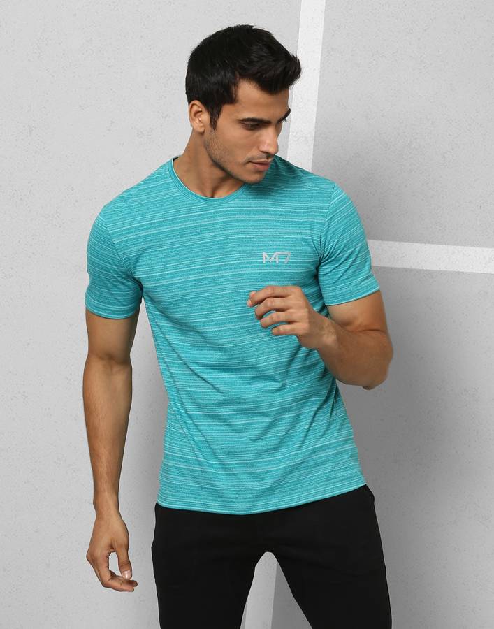 Athleisure Striped Men Round Neck Light Blue T-Shirt Price in India