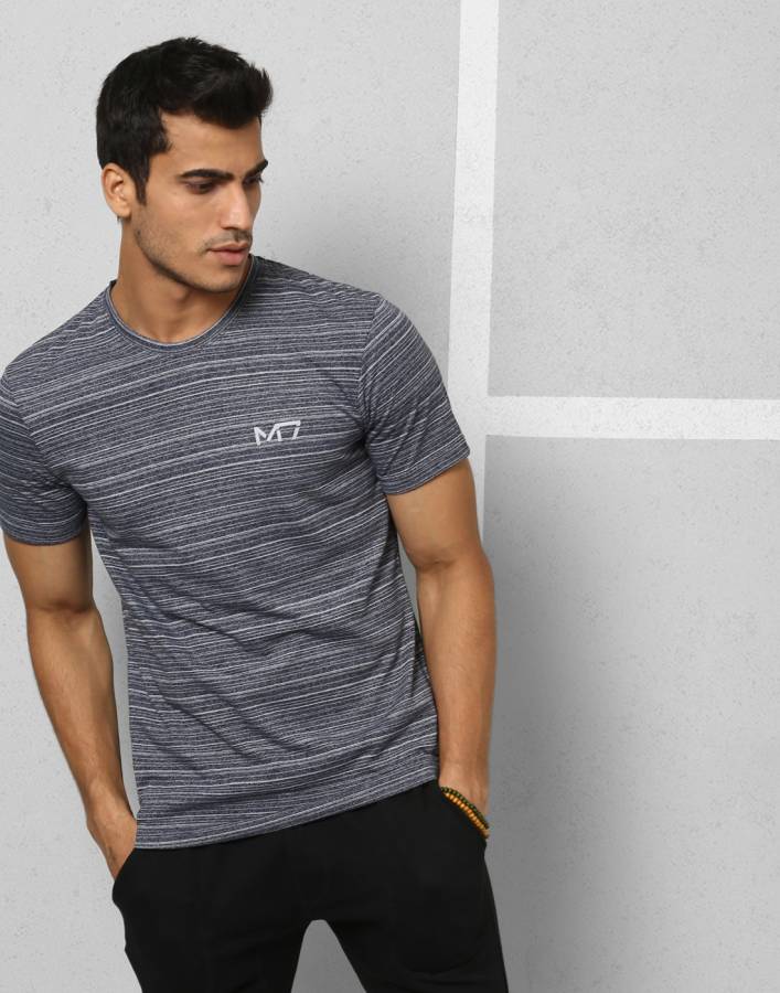 Athleisure Striped Men Boat Neck Grey T-Shirt