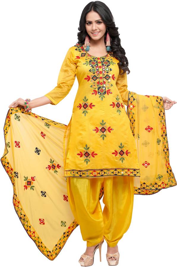 EthnicJUnction Poly Chanderi Embroidered Salwar Suit Material