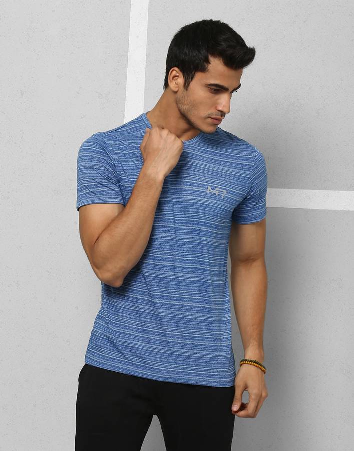 Athleisure Striped Men Round Neck Blue T-Shirt