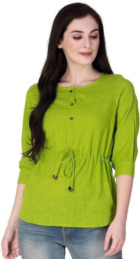 Casual 3/4 Sleeve Solid Women Green Top