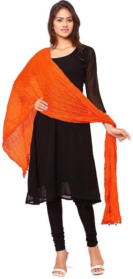 Cotton Blend Self Design Orange Women Dupatta