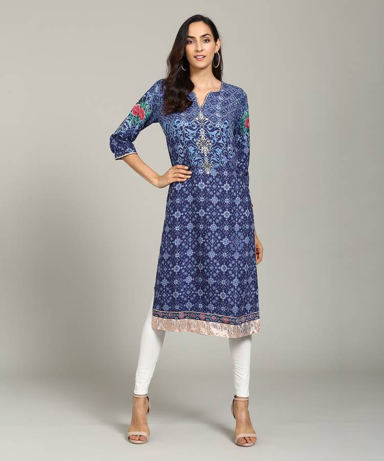Women Printed Cotton Viscose Blend Straight Kurta