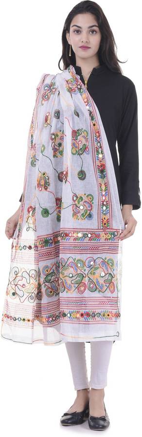 Cotton Blend Embroidered White Women Dupatta