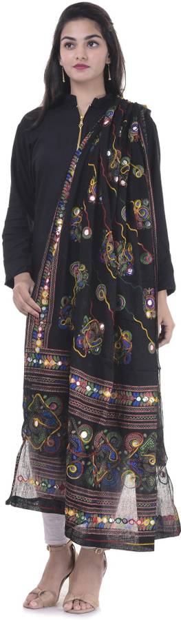 Cotton Blend Embroidered Black Women Dupatta