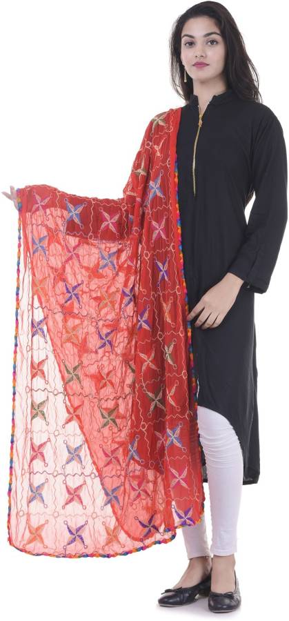 Chiffon Embroidered Orange Women Dupatta