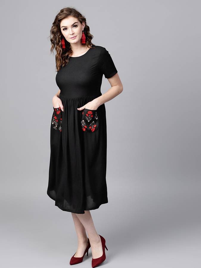 Women Fit and Flare Red, Black Dress