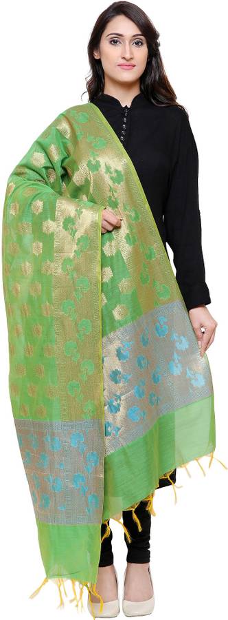 Cotton Silk Embroidered Green Women Dupatta