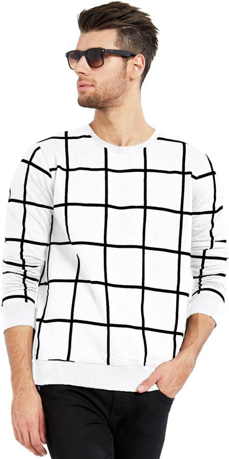 Checkered Men Round Neck White, Black T-Shirt Price in India