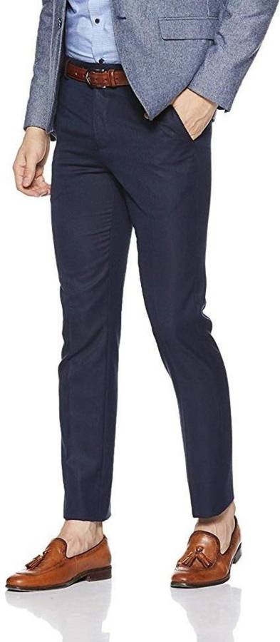 Regular Fit Men Blue Polyester Viscose Blend Trousers