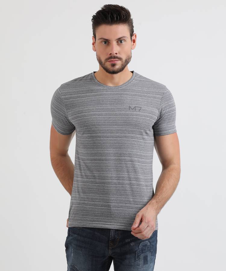 Athleisure Striped Men Round Neck Grey T-Shirt