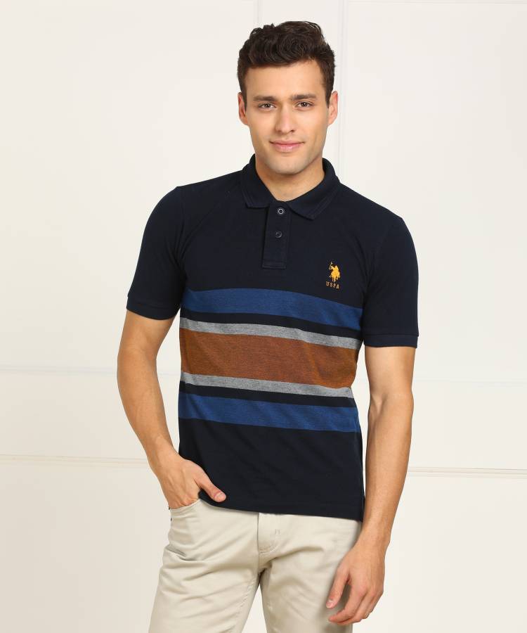 Striped Men Polo Neck Multicolor T-Shirt Price in India