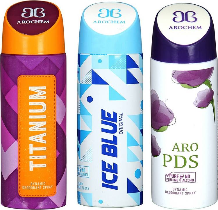 AROCHEM TITANIUM , ICE BLUE AND ARO PDS DYNAMIC PURE Deodorant Spray - For Men & Women