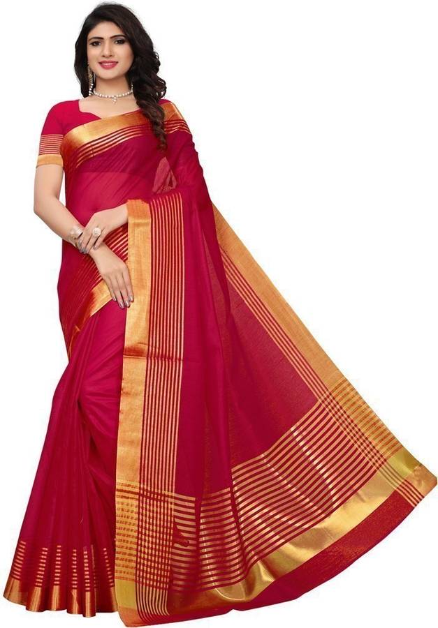 Striped, Woven, Embellished Tant Cotton Blend, Poly Silk Saree