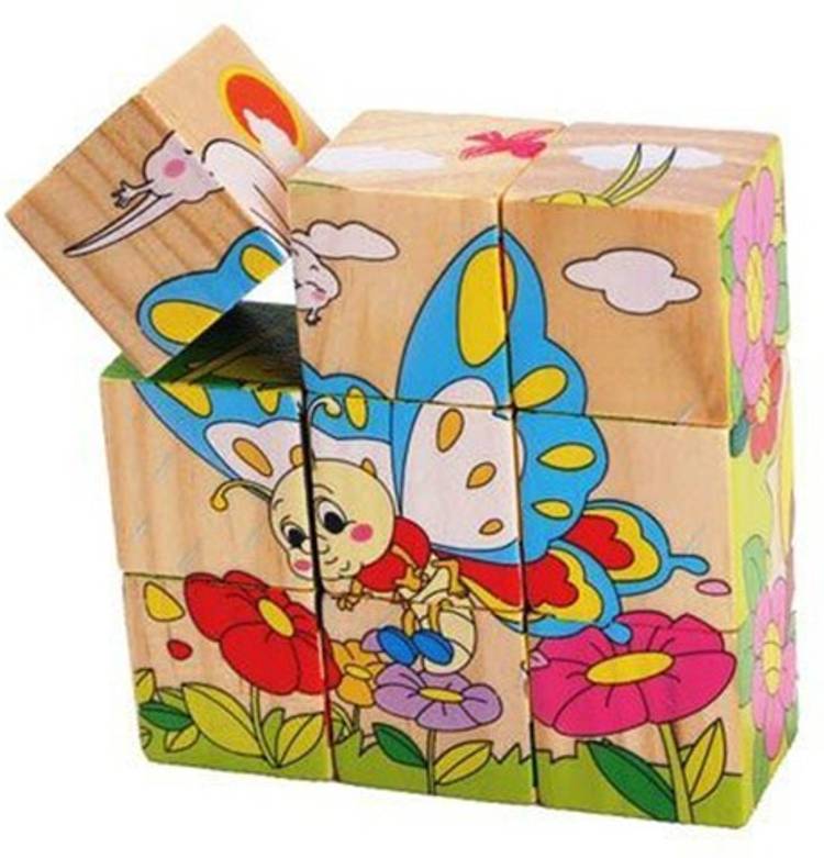 RVM Toys 9 Piece Colorful Wooden Block Picture Puzzle For Toddlers And Small Children (Insect Theme)