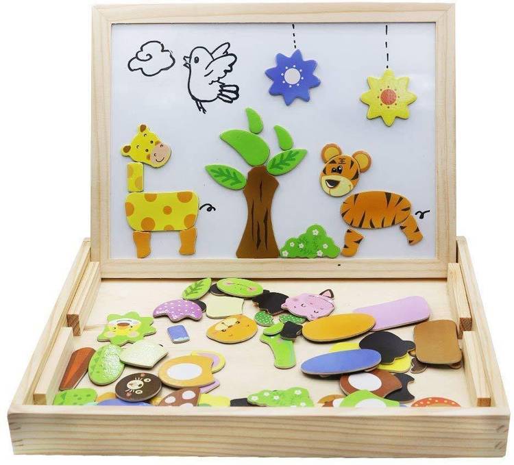 Authfort Wooden Educational Toys,Magnetic Puzzles Double Side Drawing Board Art Easel Game Gift for Kids Toddlers (Animal Style)