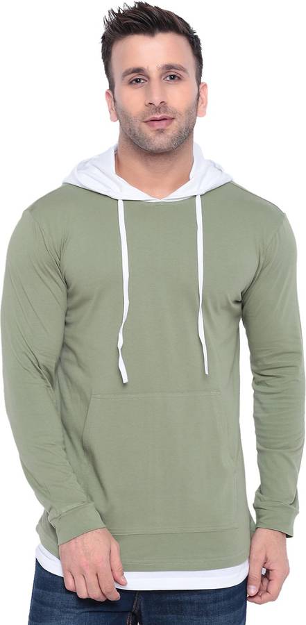 Color Block Men Hooded Green T-Shirt