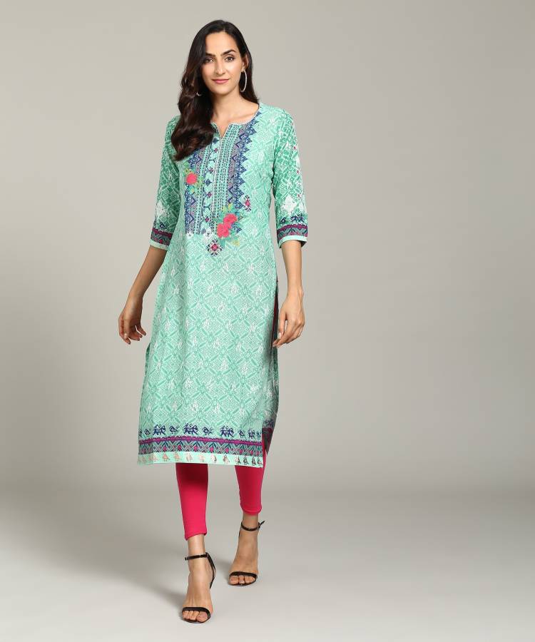 Women Printed Cotton Blend, Pure Wool Straight Kurta