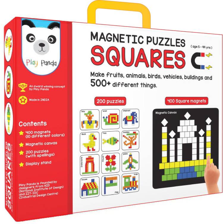 PLAY PANDA Magnetic Puzzles - Squares with 400 colorful magnets, 200 puzzle book, Magnetic board and Display stand
