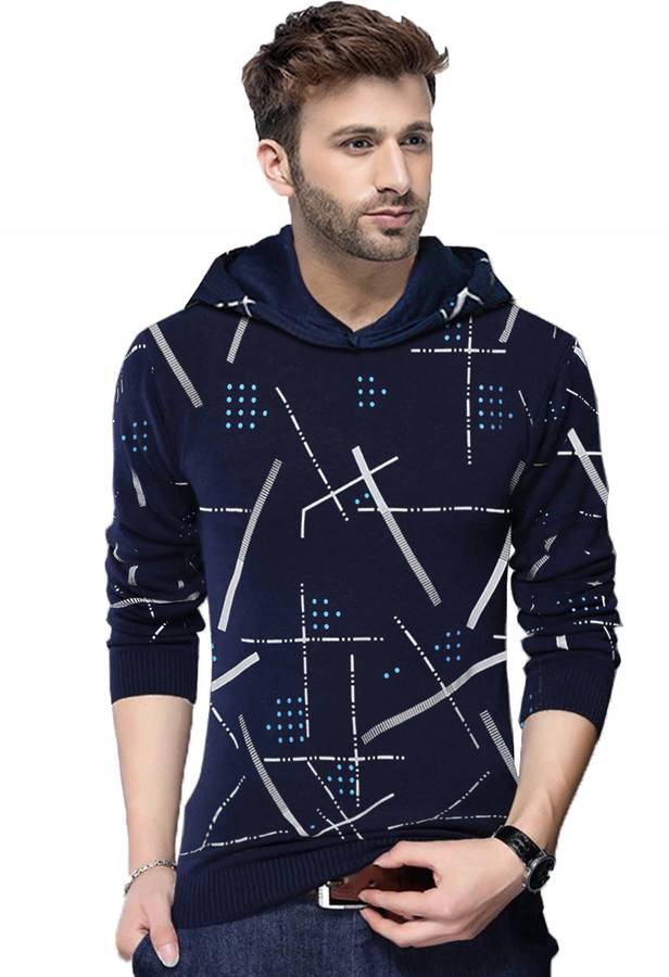 Abstract Men Hooded Neck Dark Blue T-Shirt