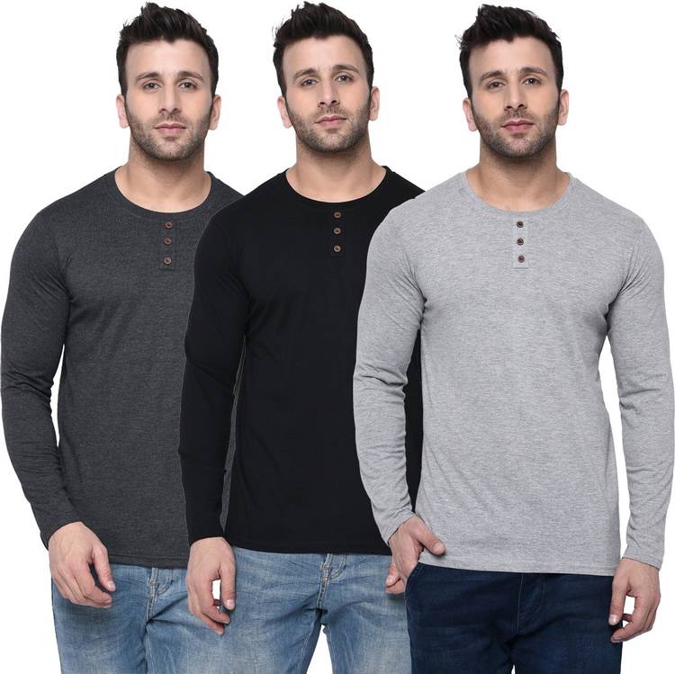 Self Design, Solid Men Henley Neck Black, Grey T-Shirt