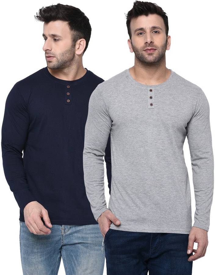 Self Design Men Round Neck Grey, Dark Blue T-Shirt