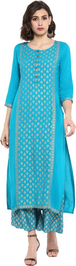 Women Printed Cotton Rayon Blend Straight Kurta Price in India