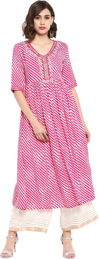 Women Printed, Embroidered Cotton Rayon Blend A-line Kurta