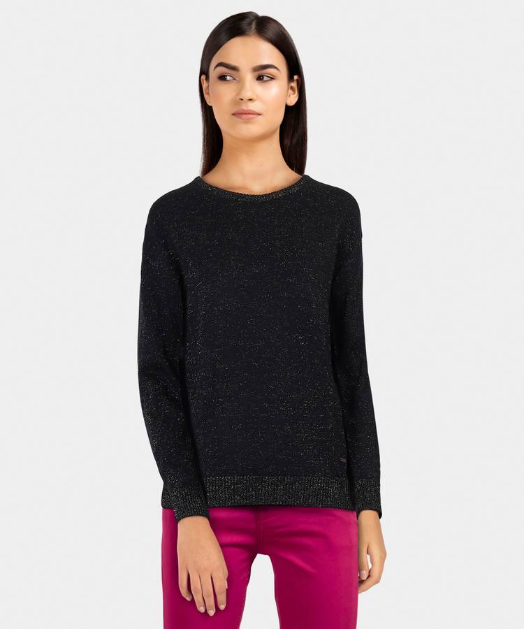 Embellished Round Neck Casual Women Black Sweater