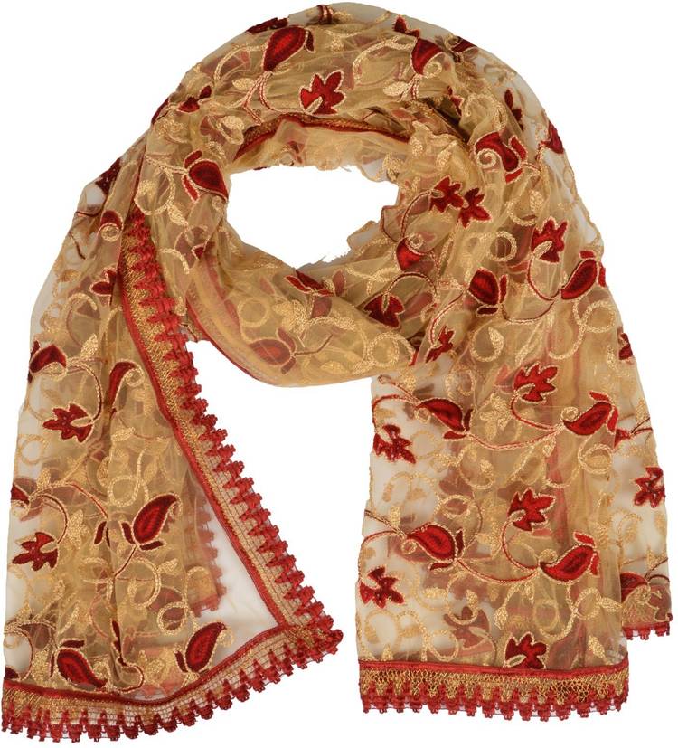 Cotton Blend Embroidered Maroon Women Dupatta