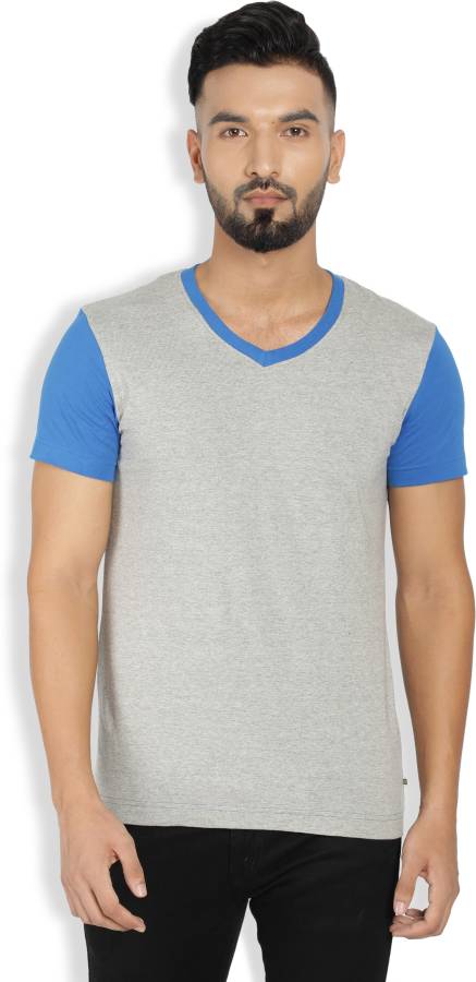 PerfectFit Solid Men V-Neck Blue, Grey T-Shirt Price in India